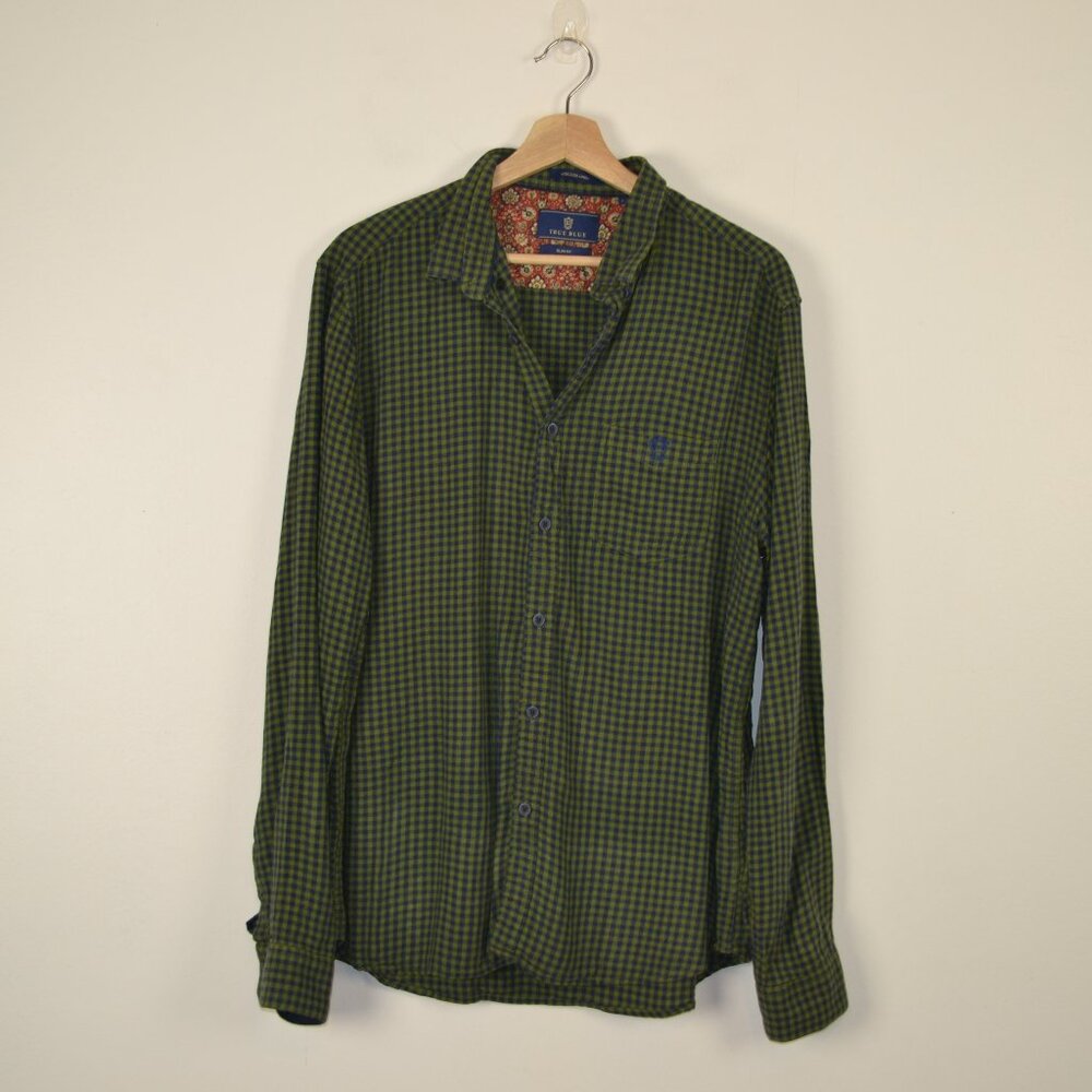 True Blue Viscose Linen Long Sleeve Button Down Checkered Print Mens L Slim Fit
